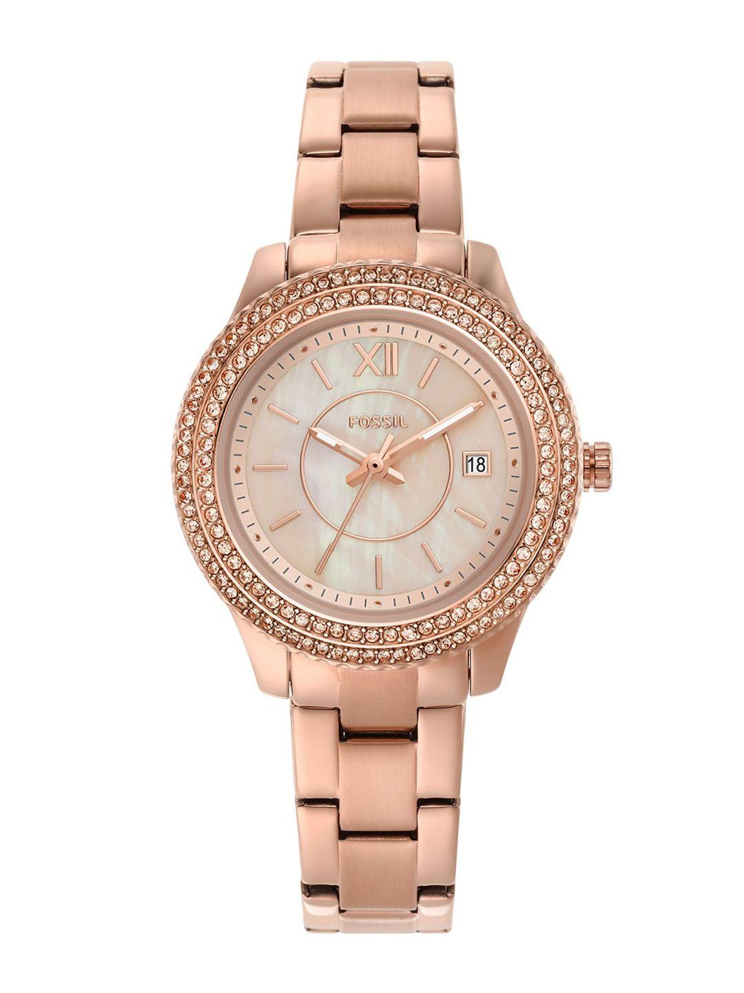 fossil stella women rose gold-toned embellished bracelet style analogue watch es5136