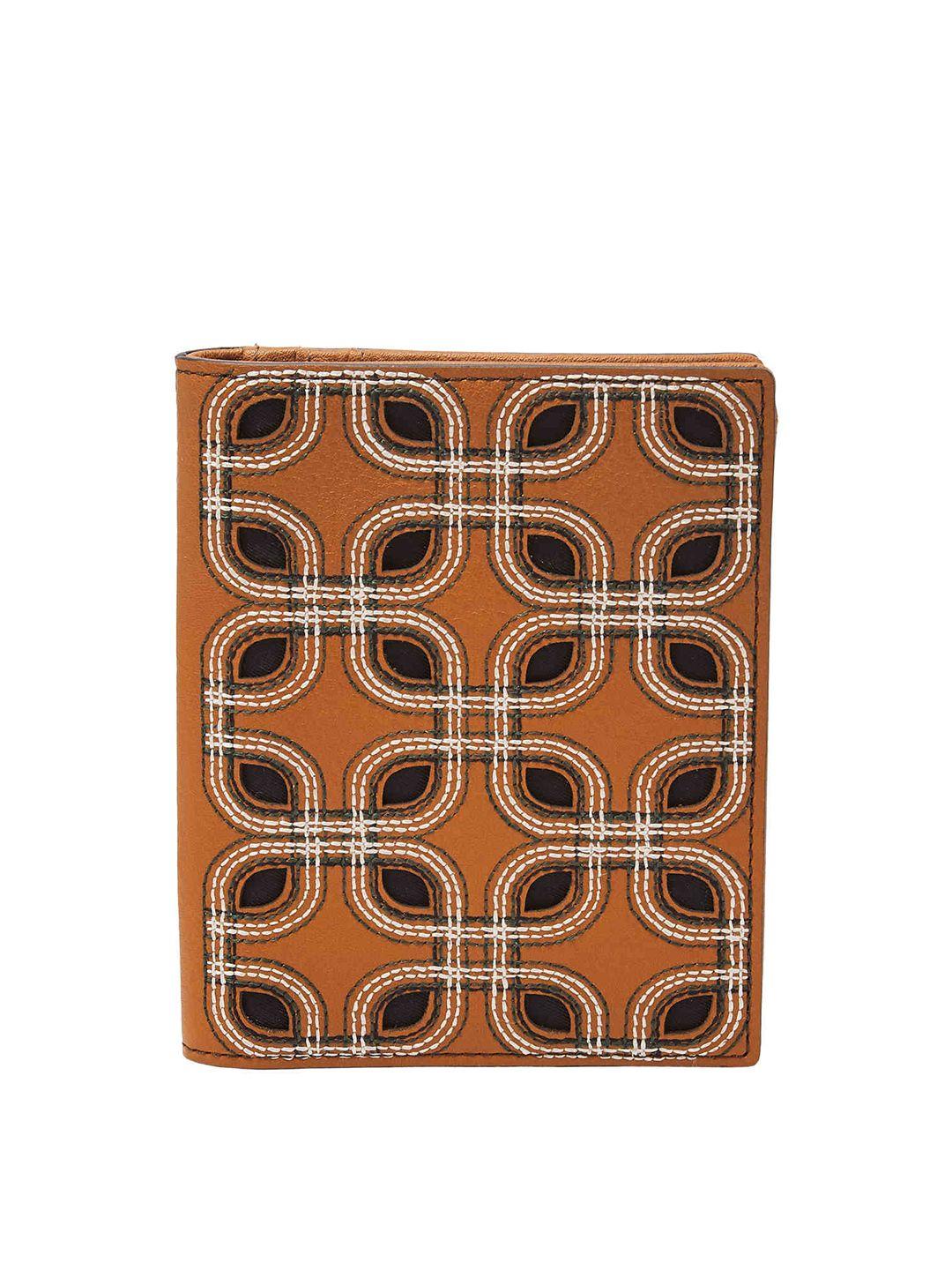 fossil women brown & white geometric self design embroidered leather passport holder