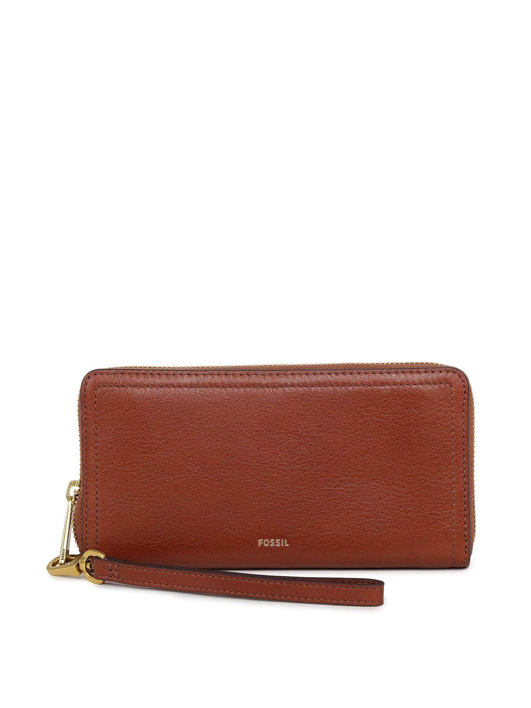 fossil women brown solid leather zip around wallet