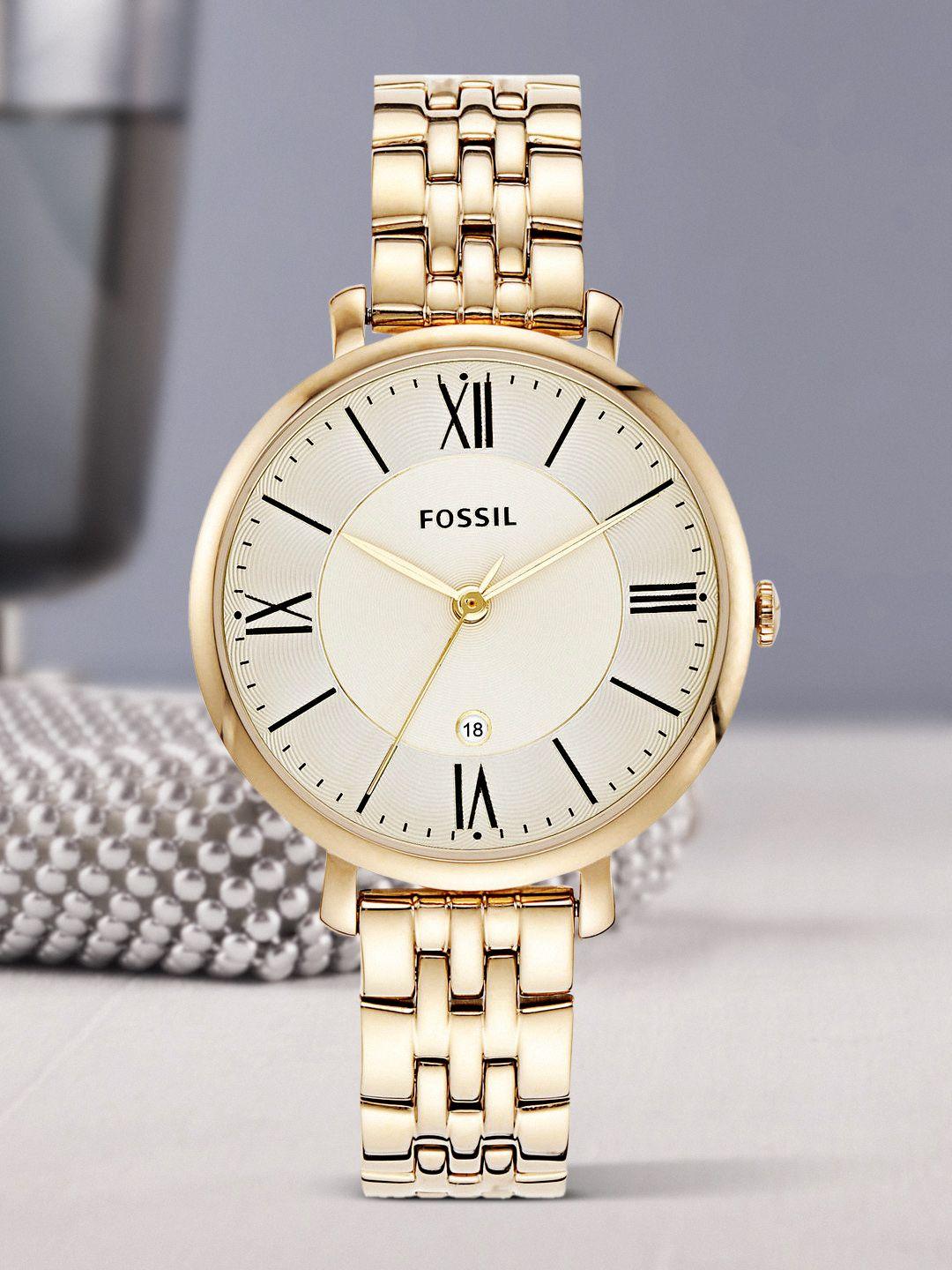 fossil women cream-coloured dial & gold-toned bracelet style analogue watch es3434