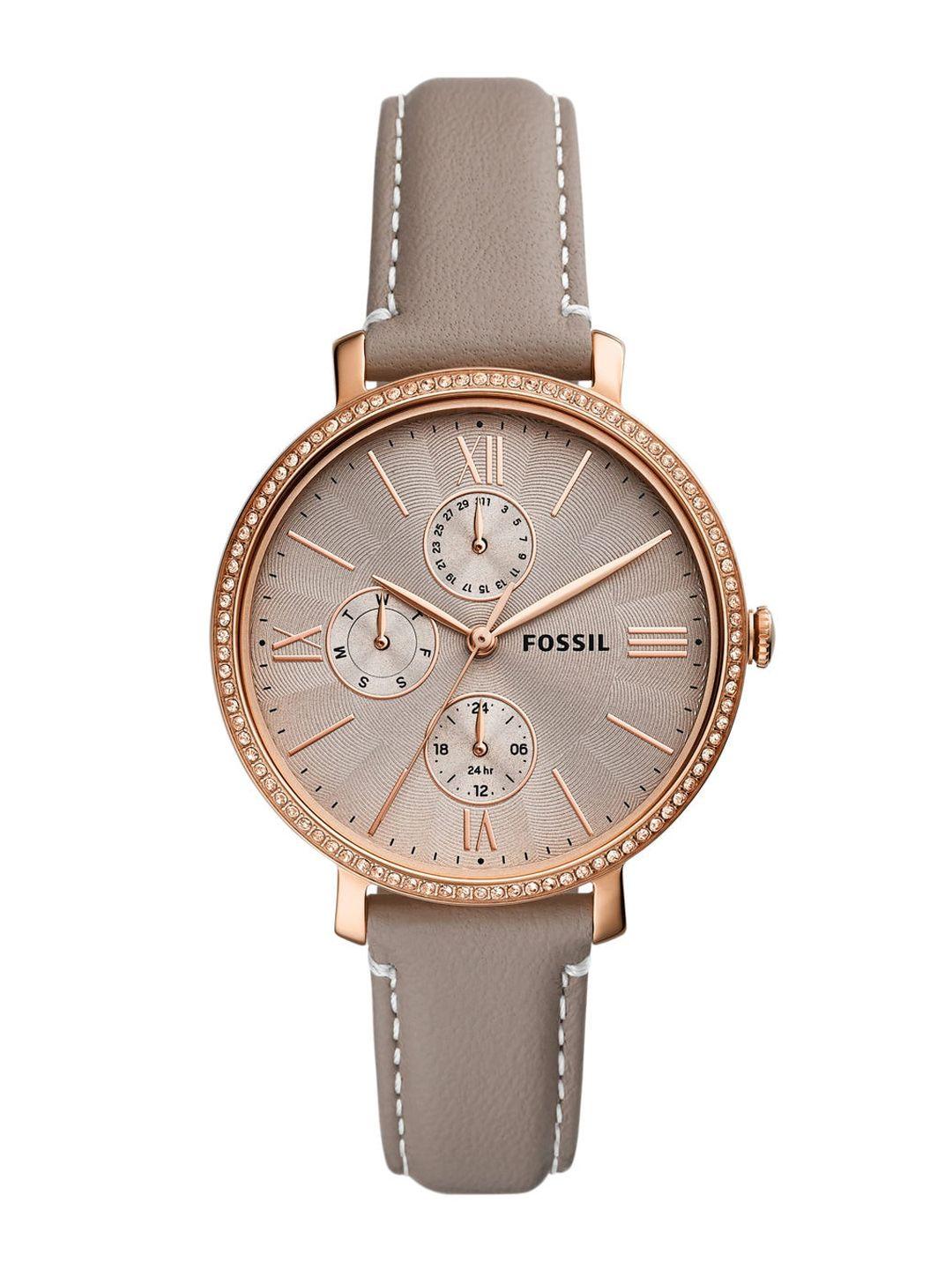 fossil women grey embellished dial & grey leather straps analogue watch es5097