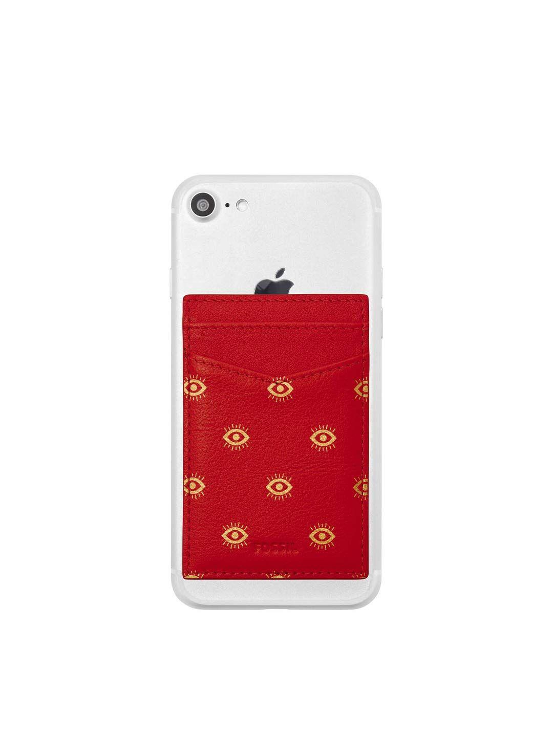 fossil women red & gold-toned printed leather card holder