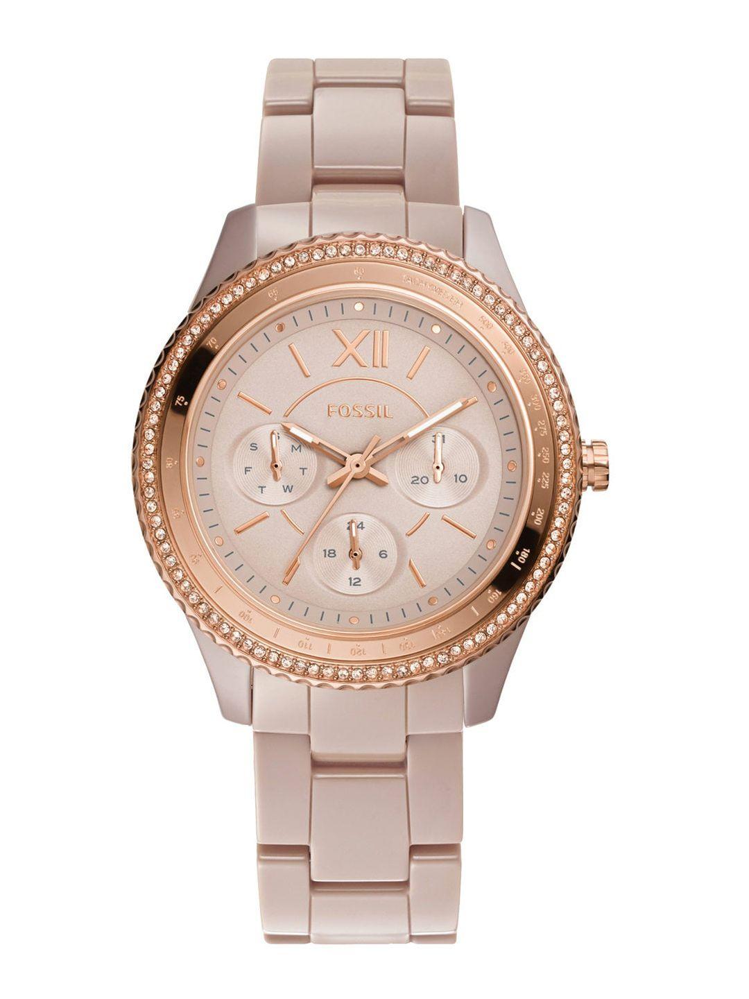 fossil women rose gold-toned embellished dial & brown ceramic analogue watch ce1112