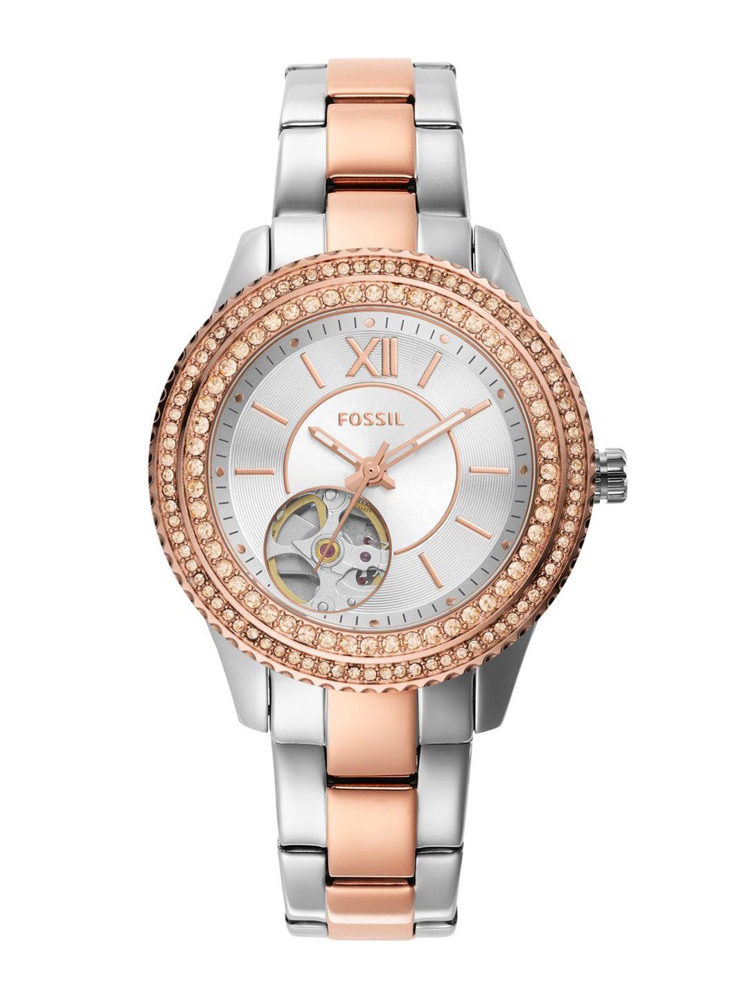 fossil women silver-toned embellished dial & multicoloured stainless steel straps analogue automatic motion watch