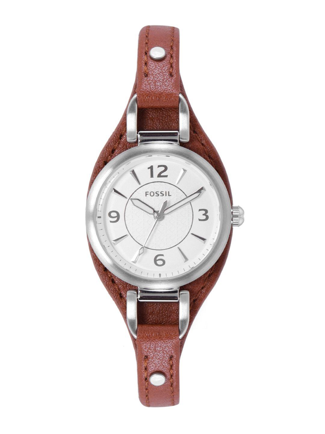 fossil women white dial & brown leather straps analogue watch es5214