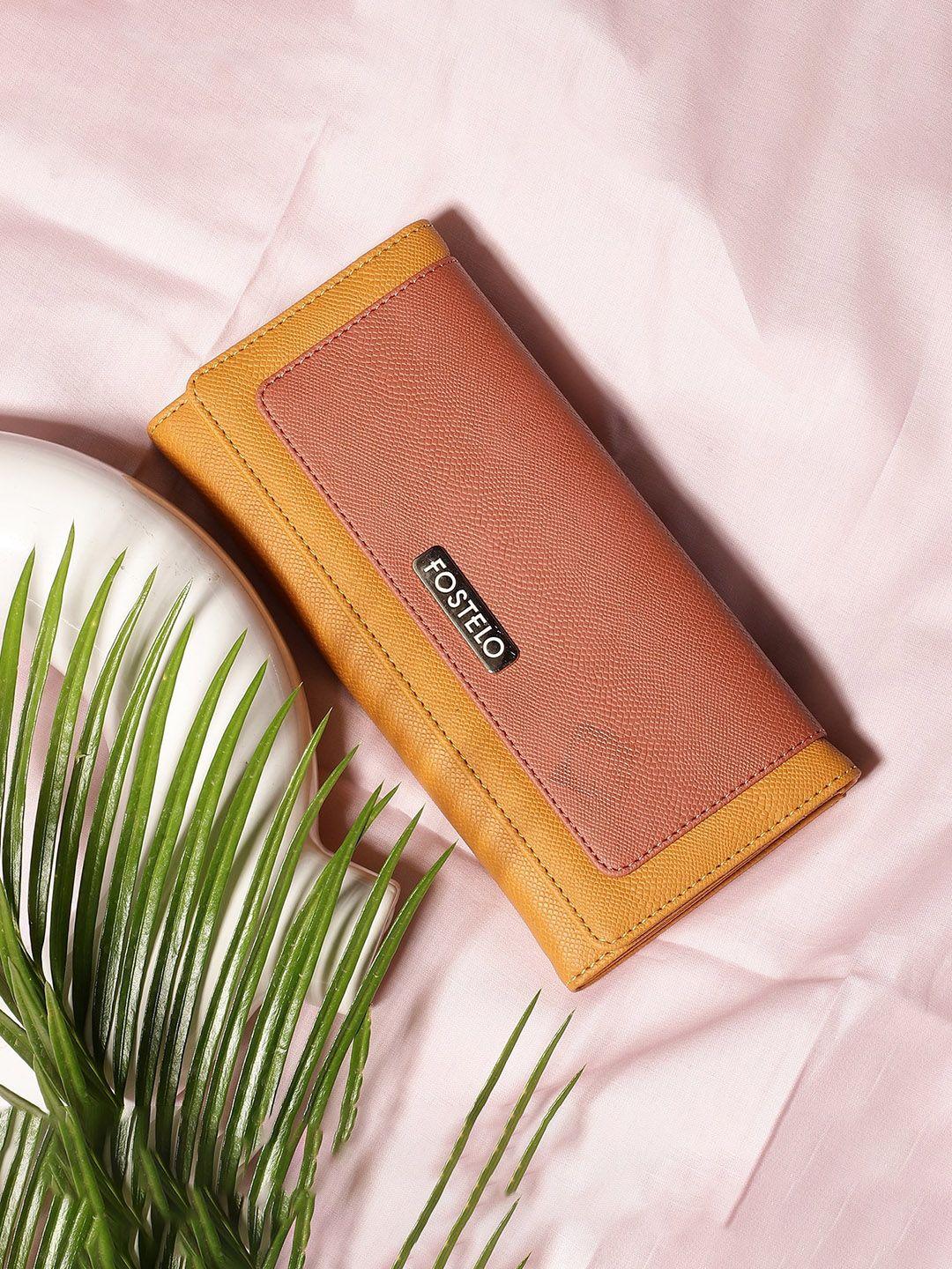 fostelo women rose gold & mustard colourblocked pu three fold wallet