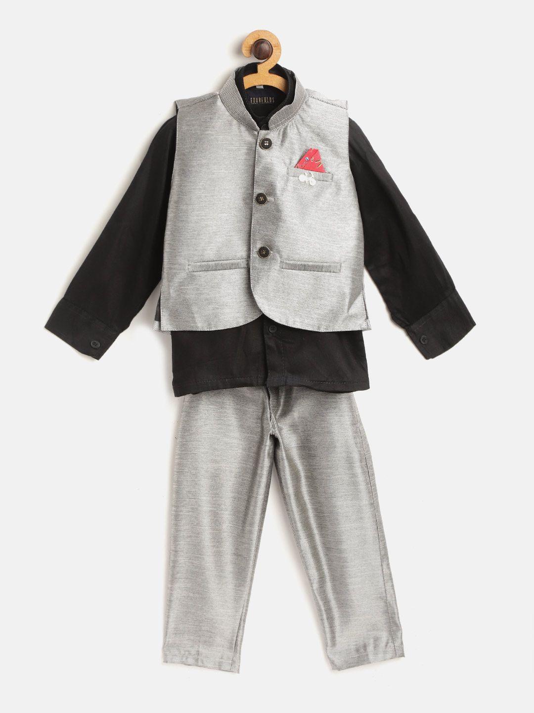 fourfolds boys black & grey solid shirt with trousers & waistcoat