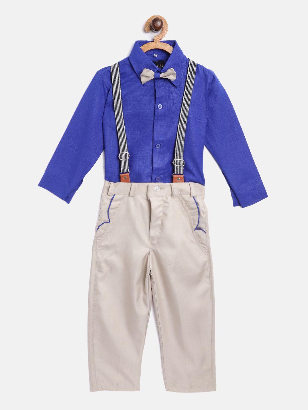 fourfolds boys blue & beige solid shirt with trousers suspenders & bow tie