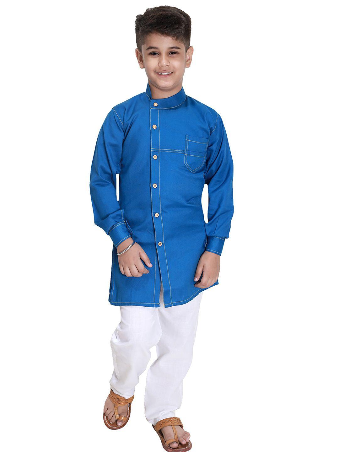 fourfolds boys blue & white kurta & pyjama set