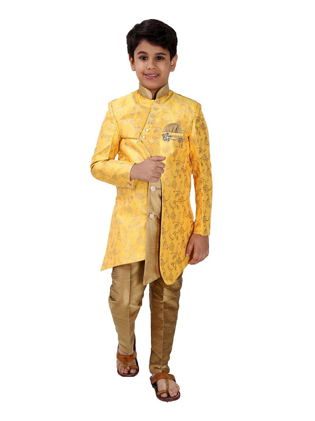 fourfolds boys ethnic motifs woven design slim-fit asymmetric sherwani set