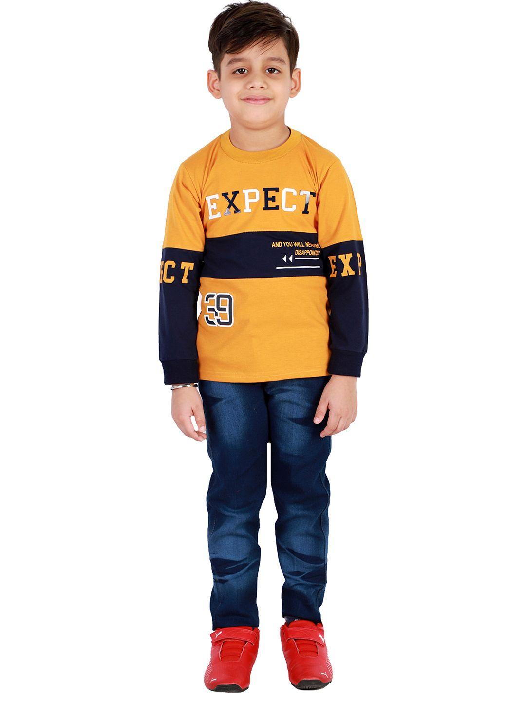fourfolds boys mustard & navy blue printed t-shirt with trousers
