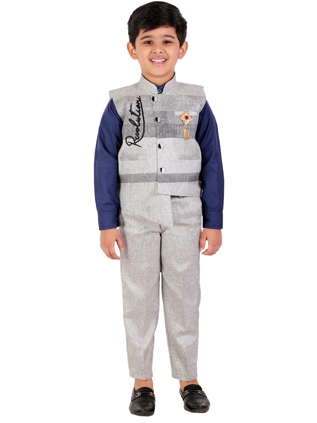 fourfolds boys navy blue & grey solid shirt with trousers