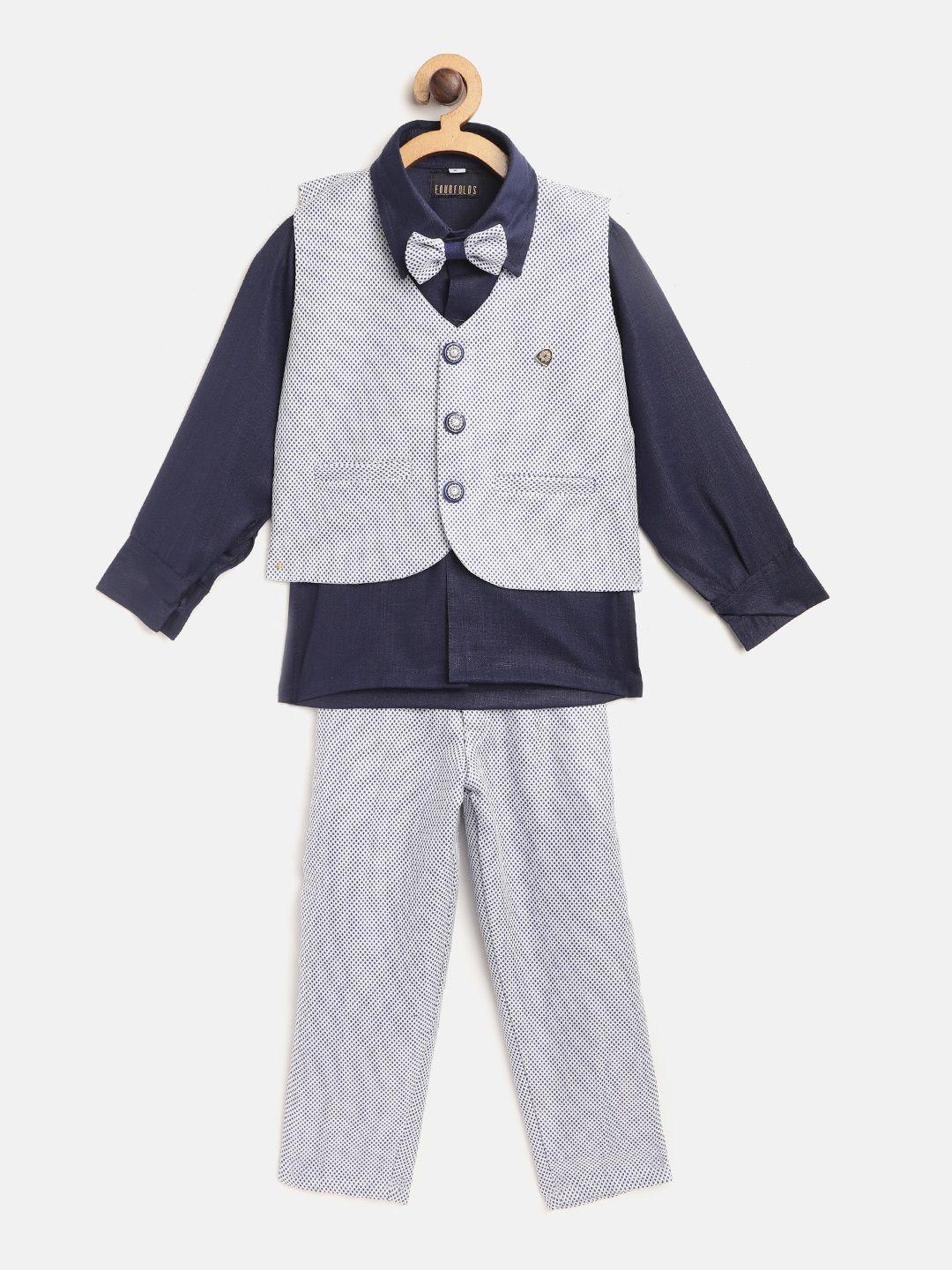 fourfolds boys navy blue & white self design clothing set with bow tie