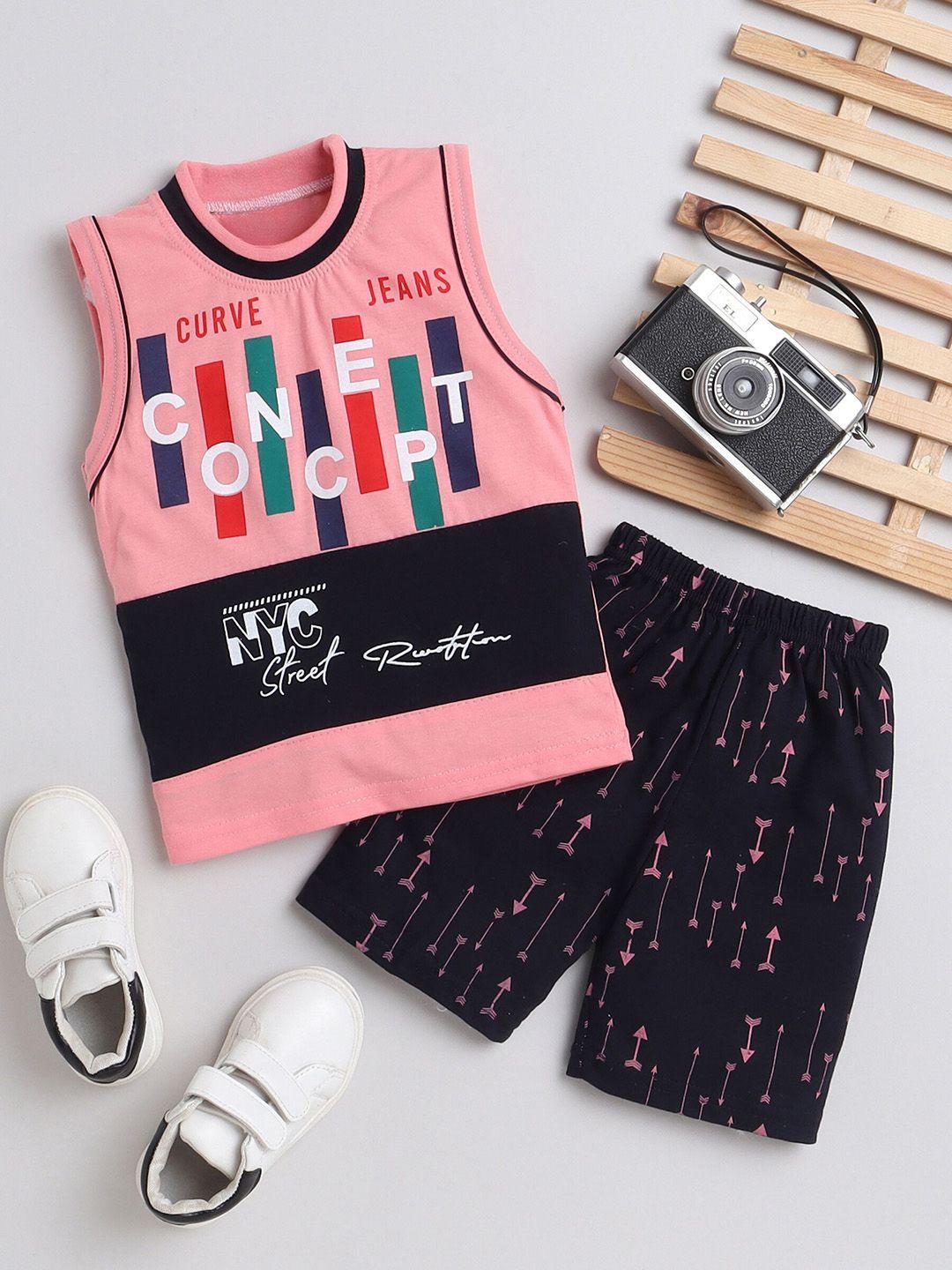 fourfolds-boys-pink-&-black-printed-t-shirt-with-shorts