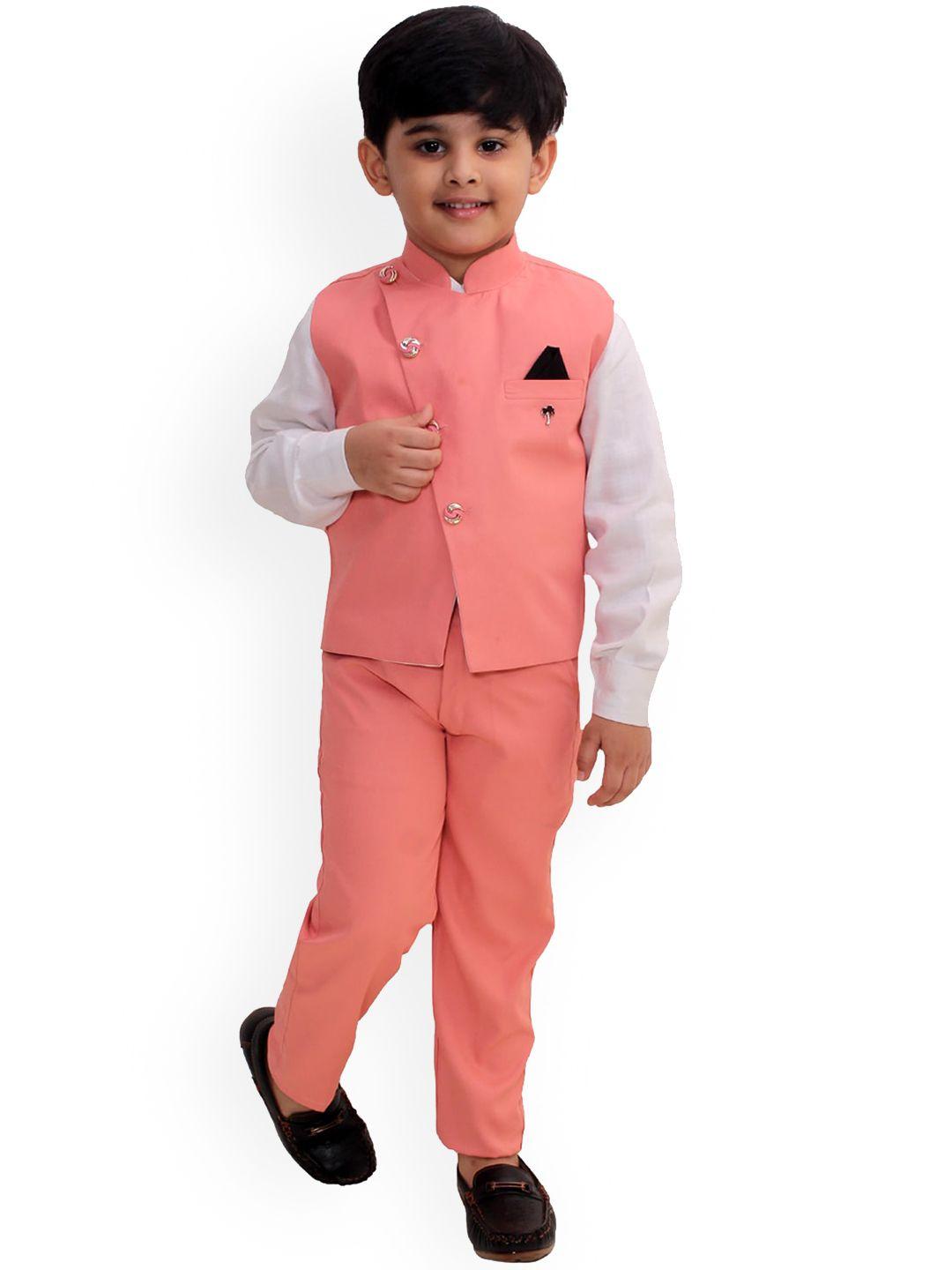 fourfolds boys pink & white solid 3 piece suit