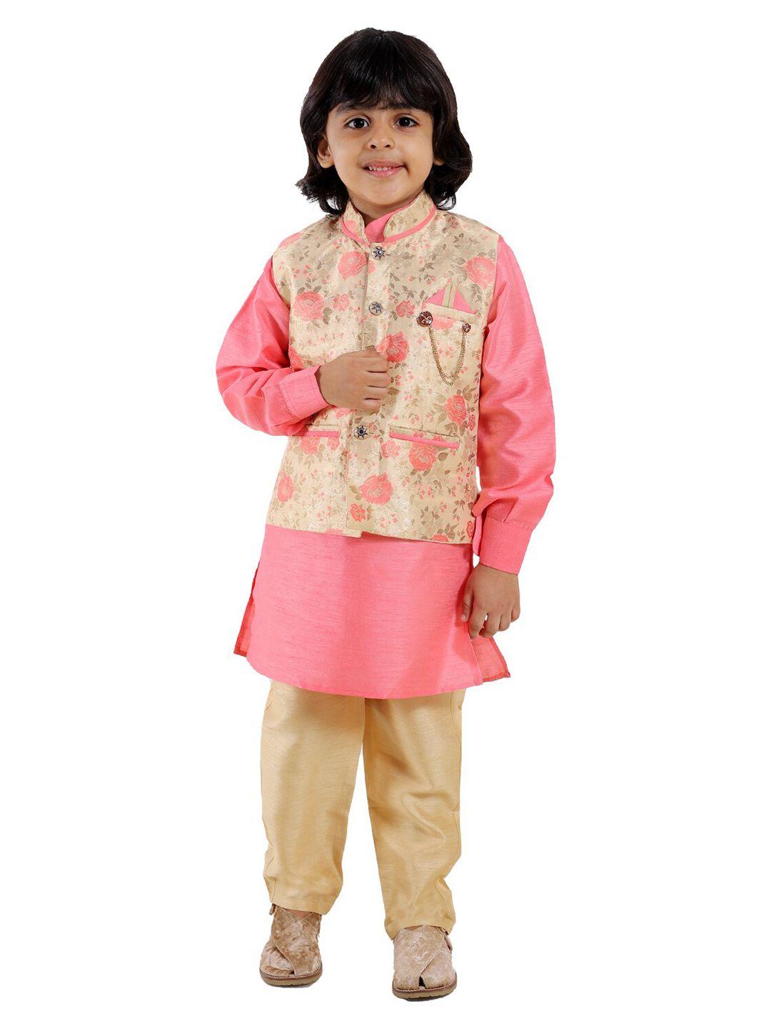 fourfolds boys pink kurta pyjama with waistcoat