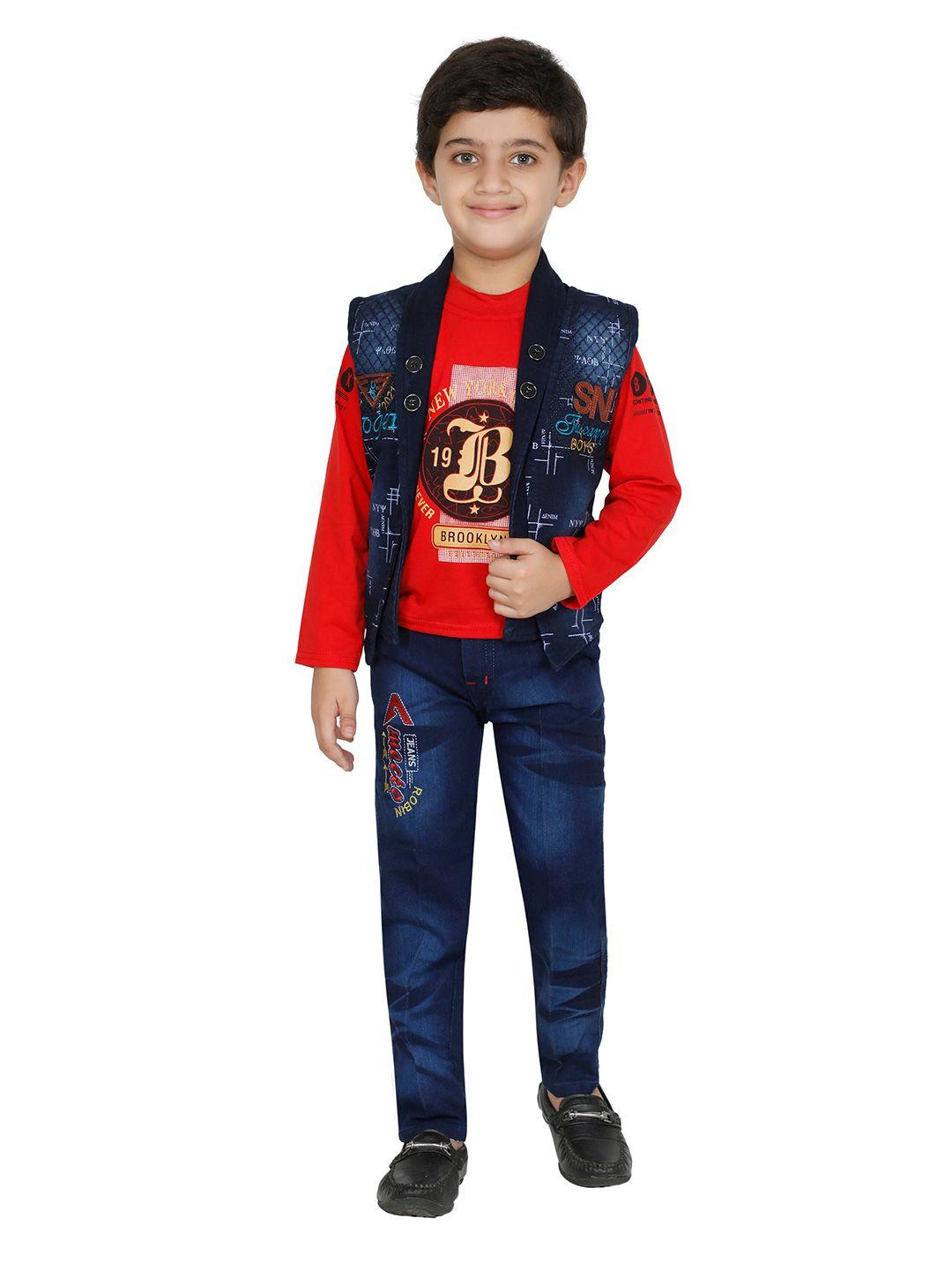 fourfolds boys red & blue printed top with trousers & waist coat