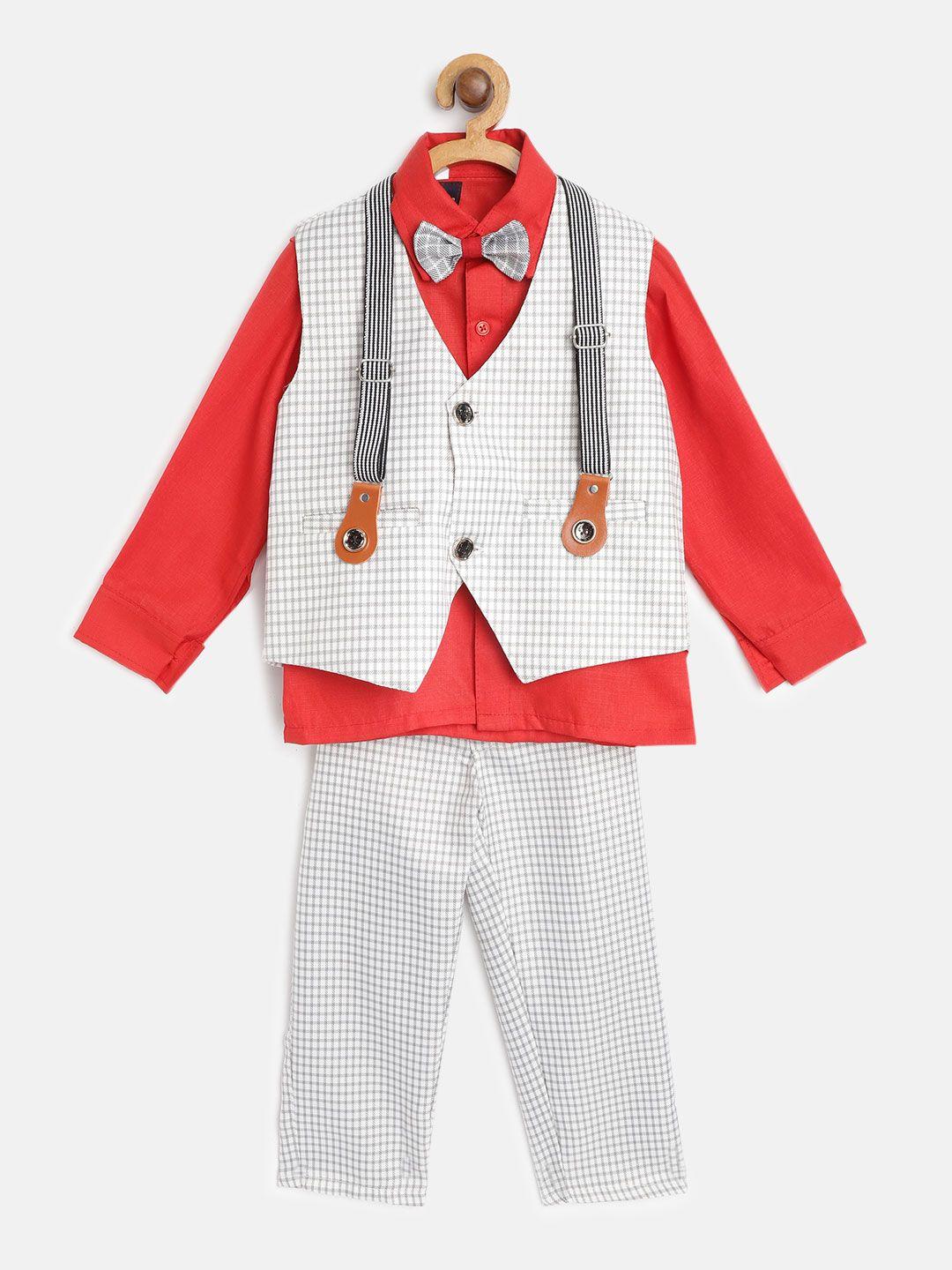 fourfolds boys red solid shirt with checked trousers & waistcoat