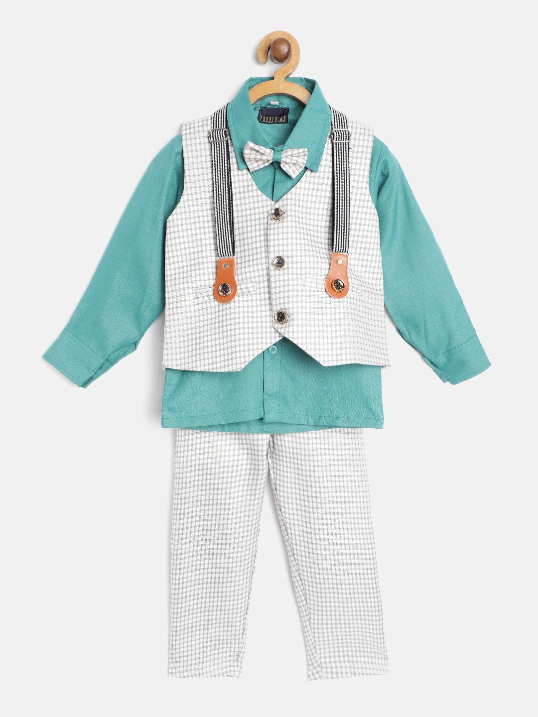 fourfolds boys sea green solid shirt with checked trousers & waistcoat