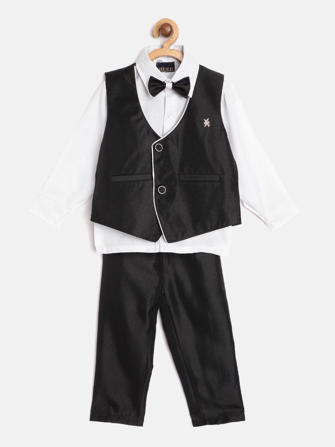 fourfolds boys white & black solid shirt with trousers & waistcoat