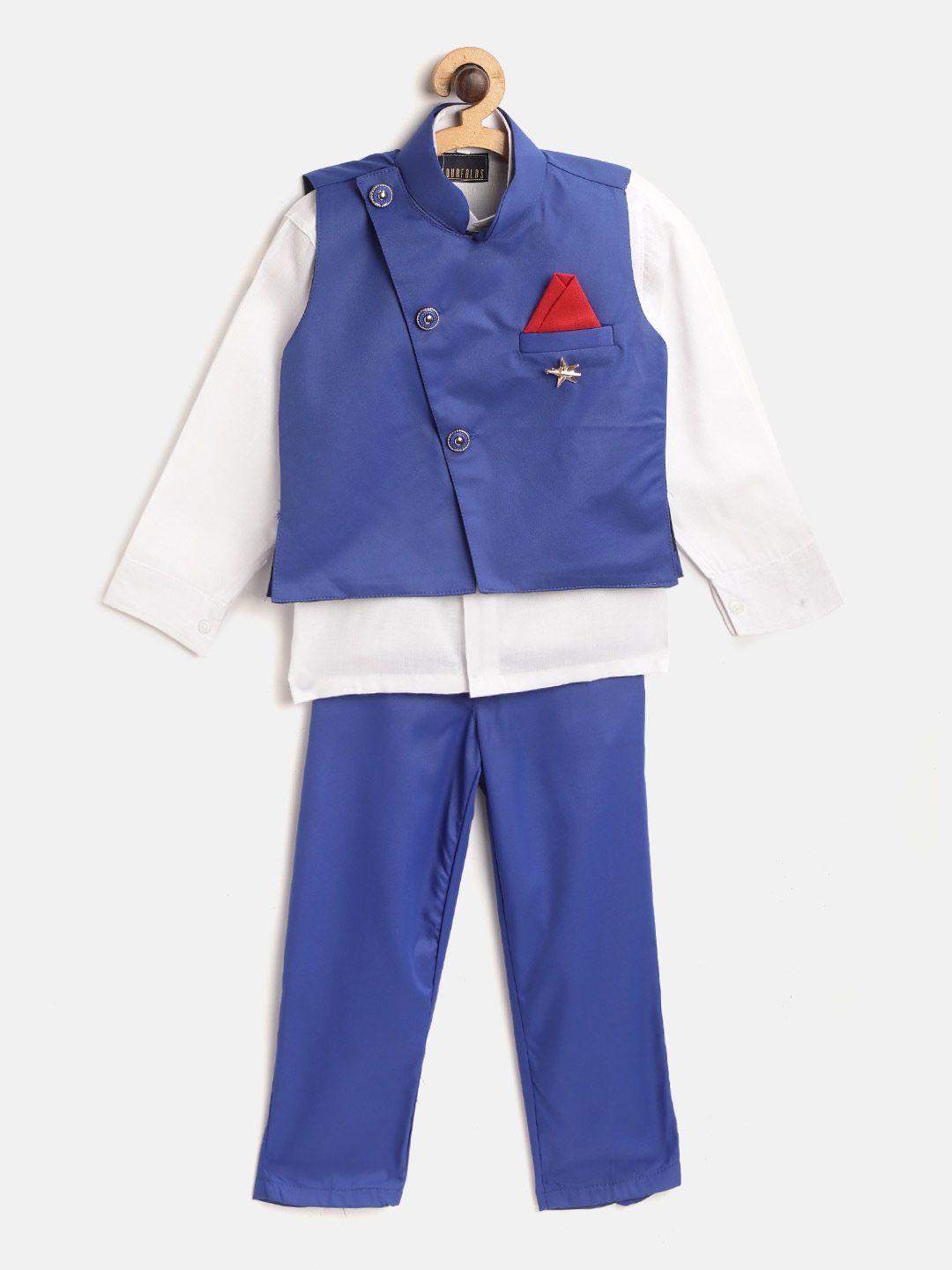 fourfolds boys white & blue solid shirt with trousers & waistcoat