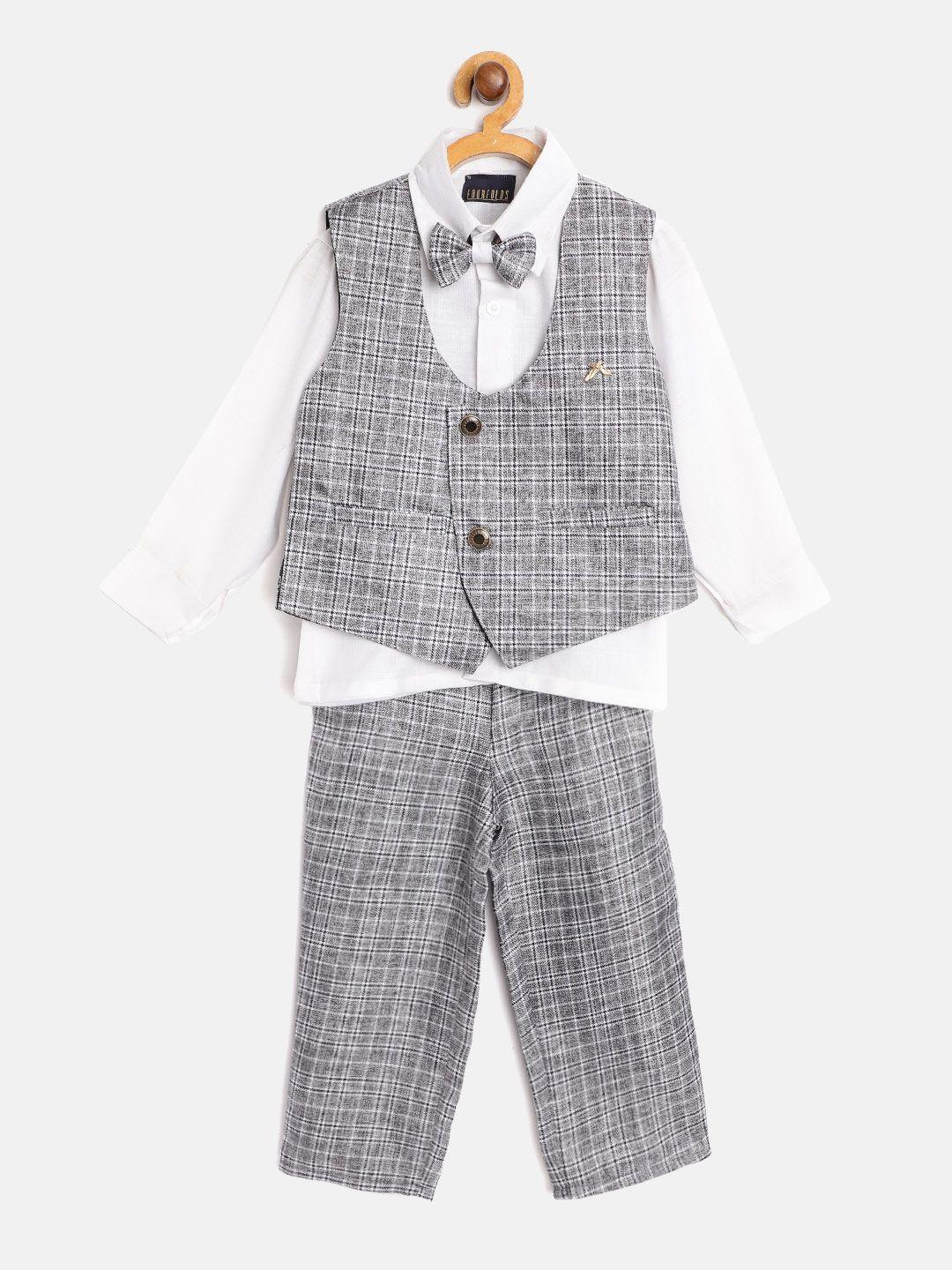 fourfolds-boys-white-&-grey-solid-shirt-with-checked-trousers-&-waistcoat