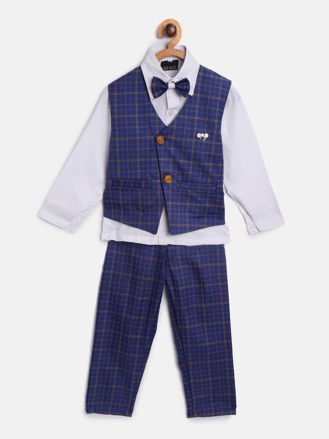 fourfolds boys white solid shirt with checked trousers waistcoat & bow tie