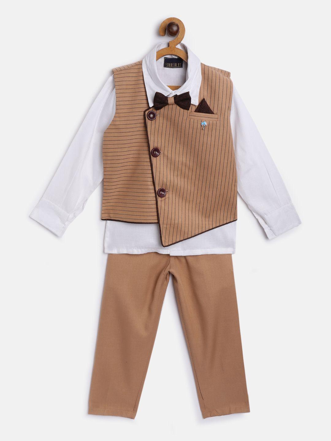 fourfolds boys white solid shirt with trousers striped waistcoat & bow tie
