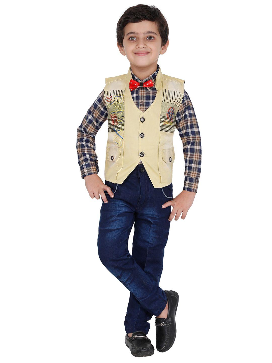fourfolds boys yellow & blue checked shirt with trousers & waistcoat