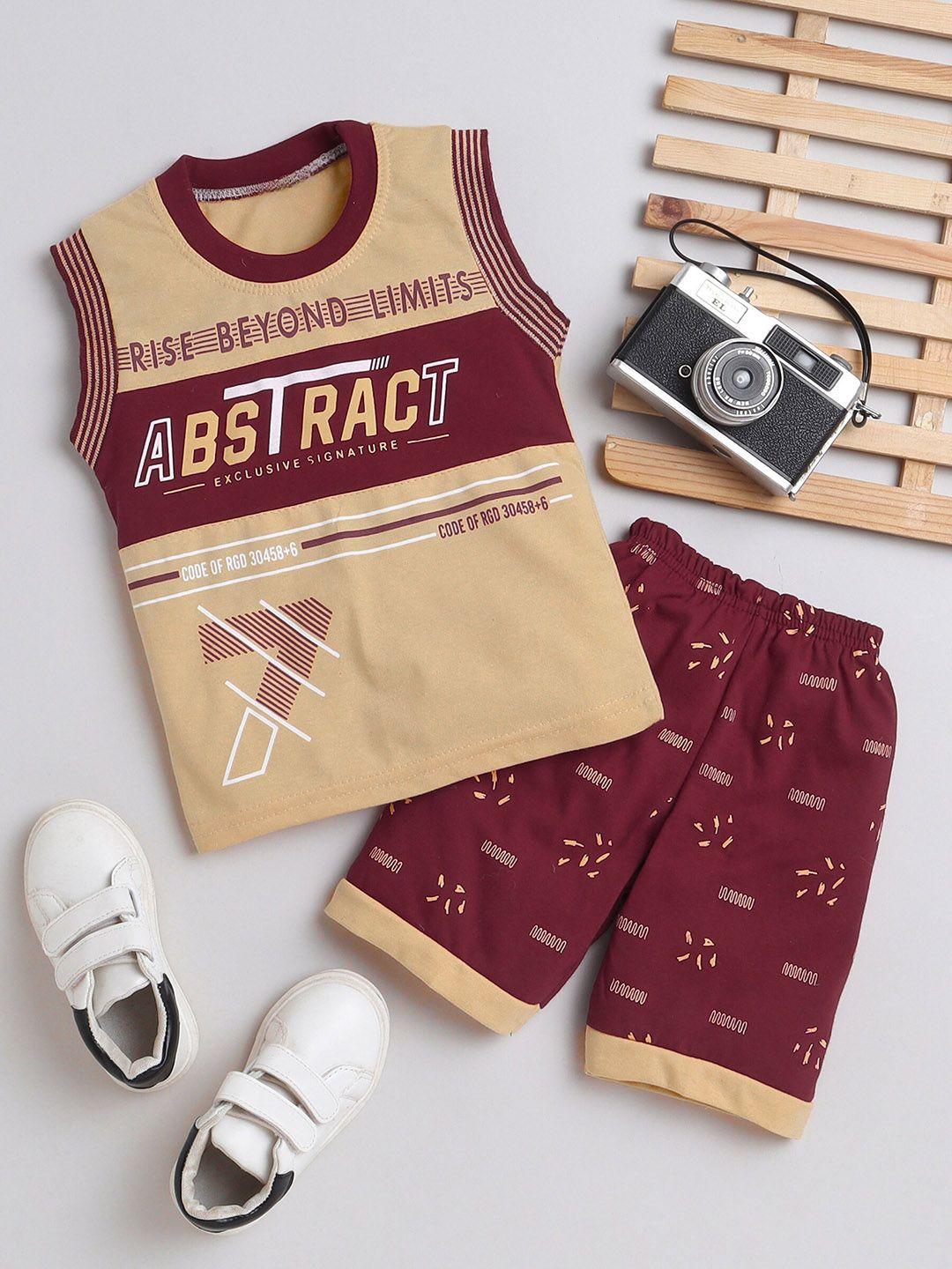 fourfolds boys beige & maroon printed t-shirt with shorts