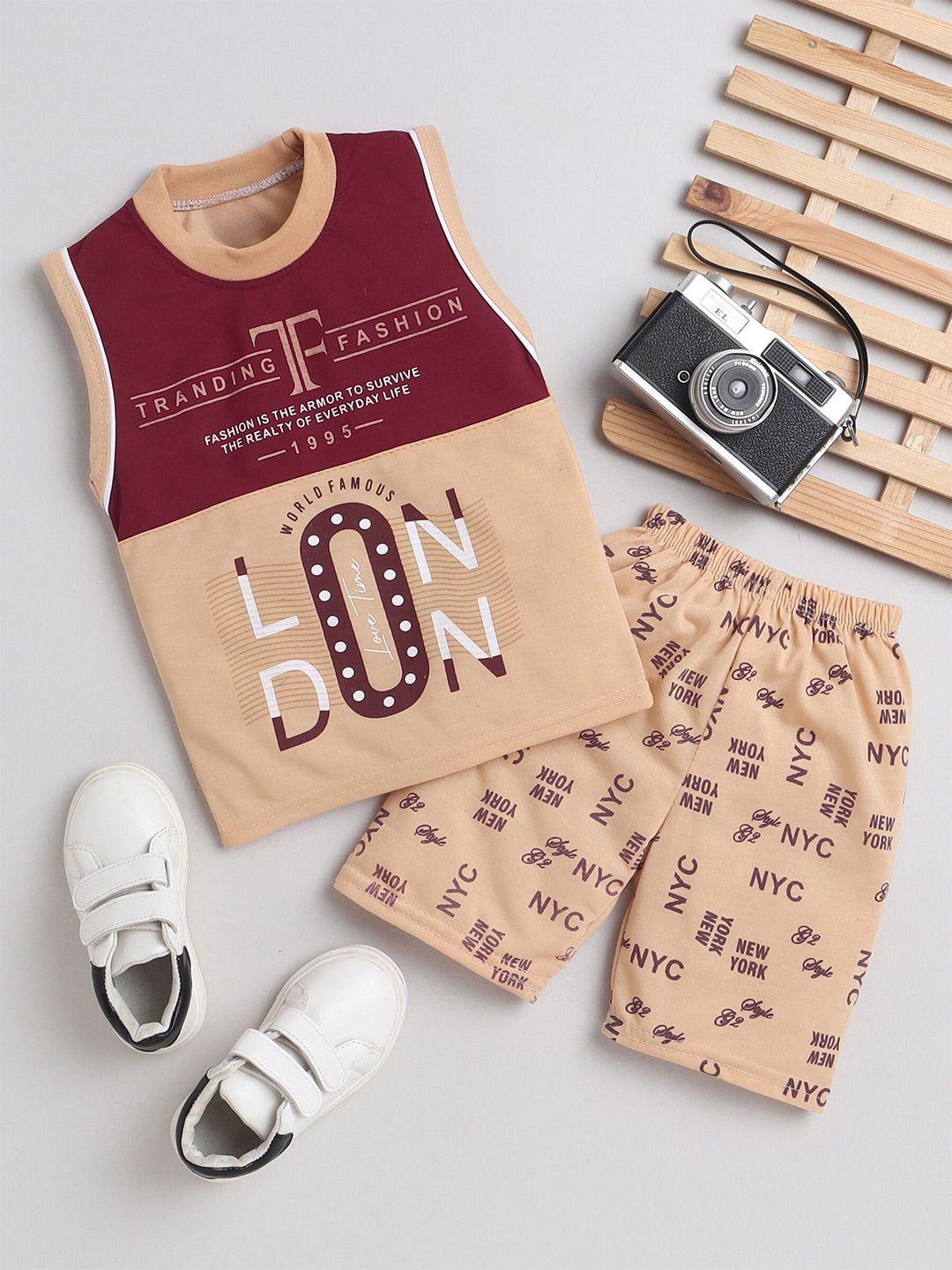 fourfolds boys beige & maroon printed t-shirt with shorts