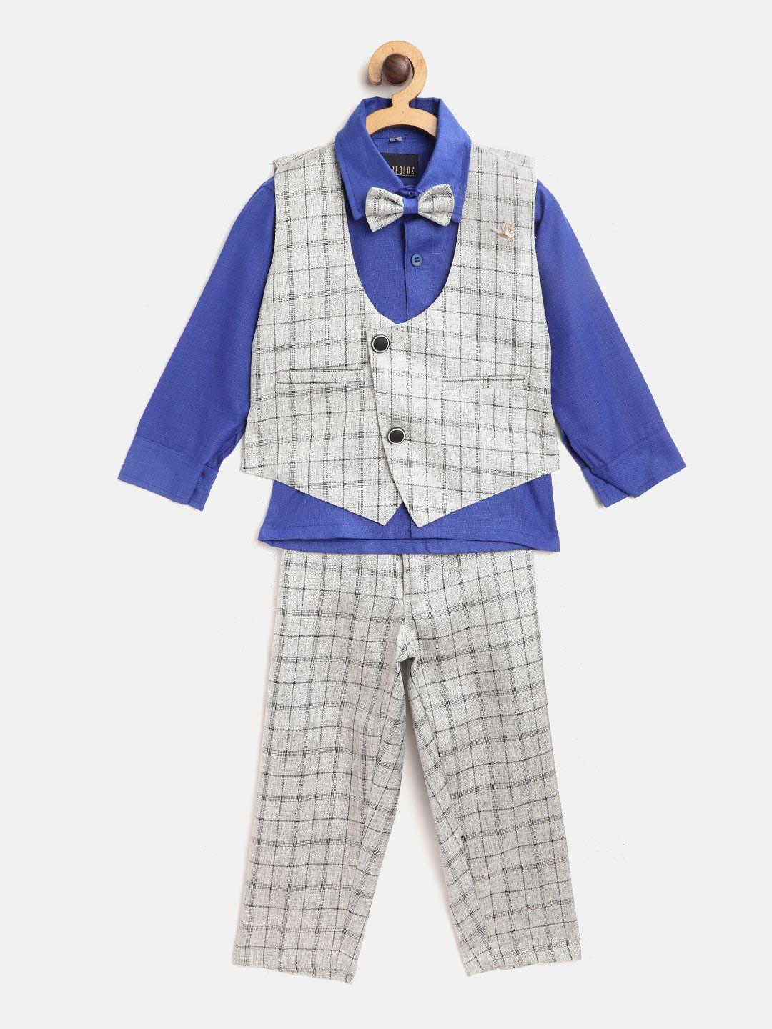 fourfolds boys blue & grey checked clothing set with bow tie