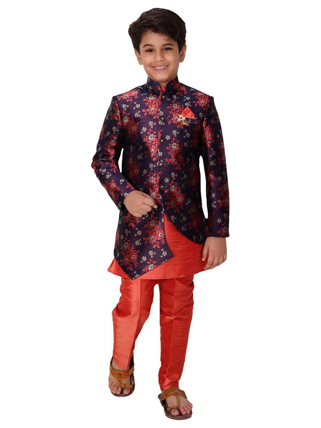 fourfolds boys blue & orange woven design sherwani