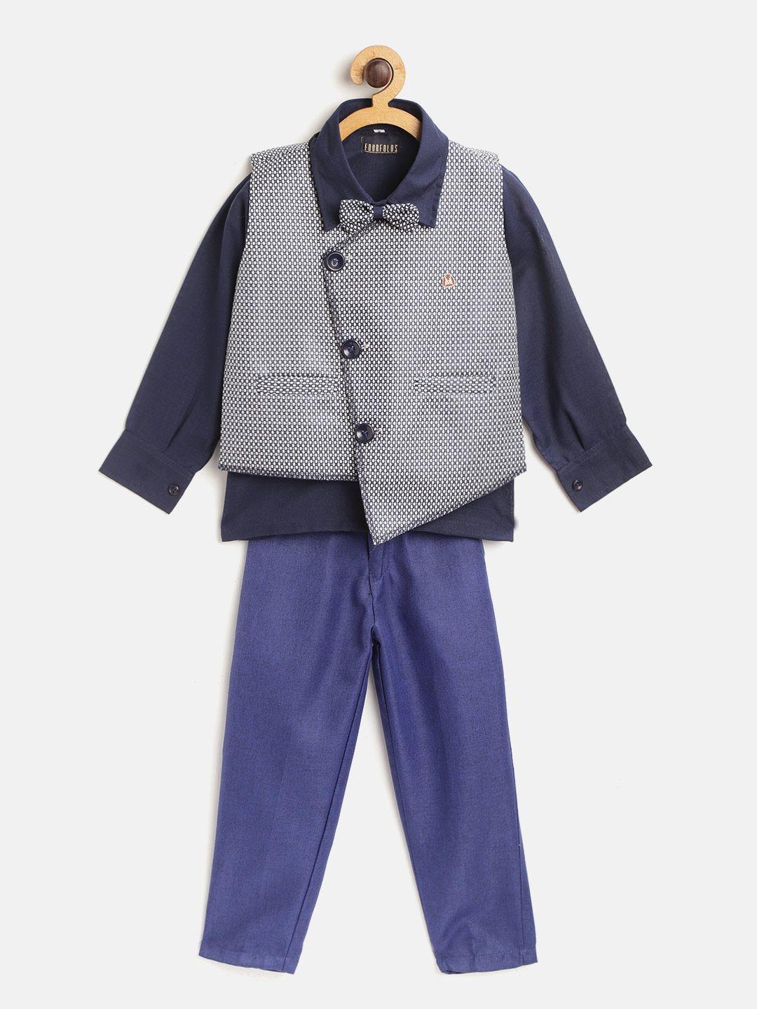 fourfolds boys blue & white solid shirt with trousers & waistcoat