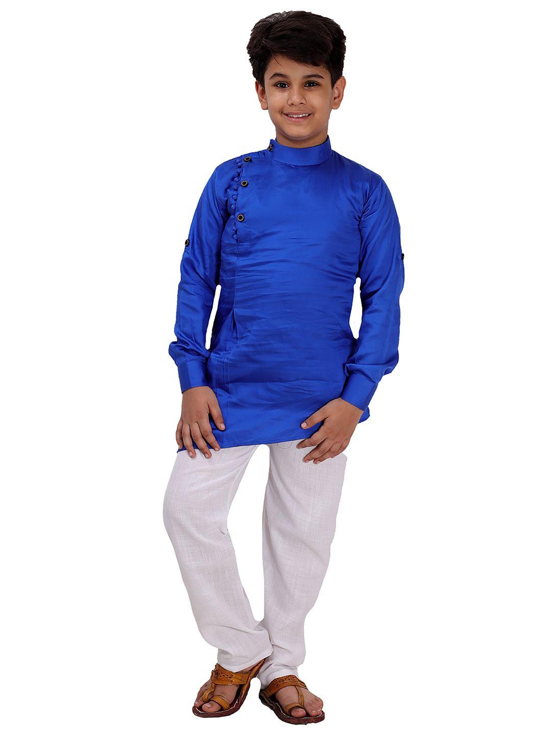fourfolds boys blue & white straight kurta with pyjama