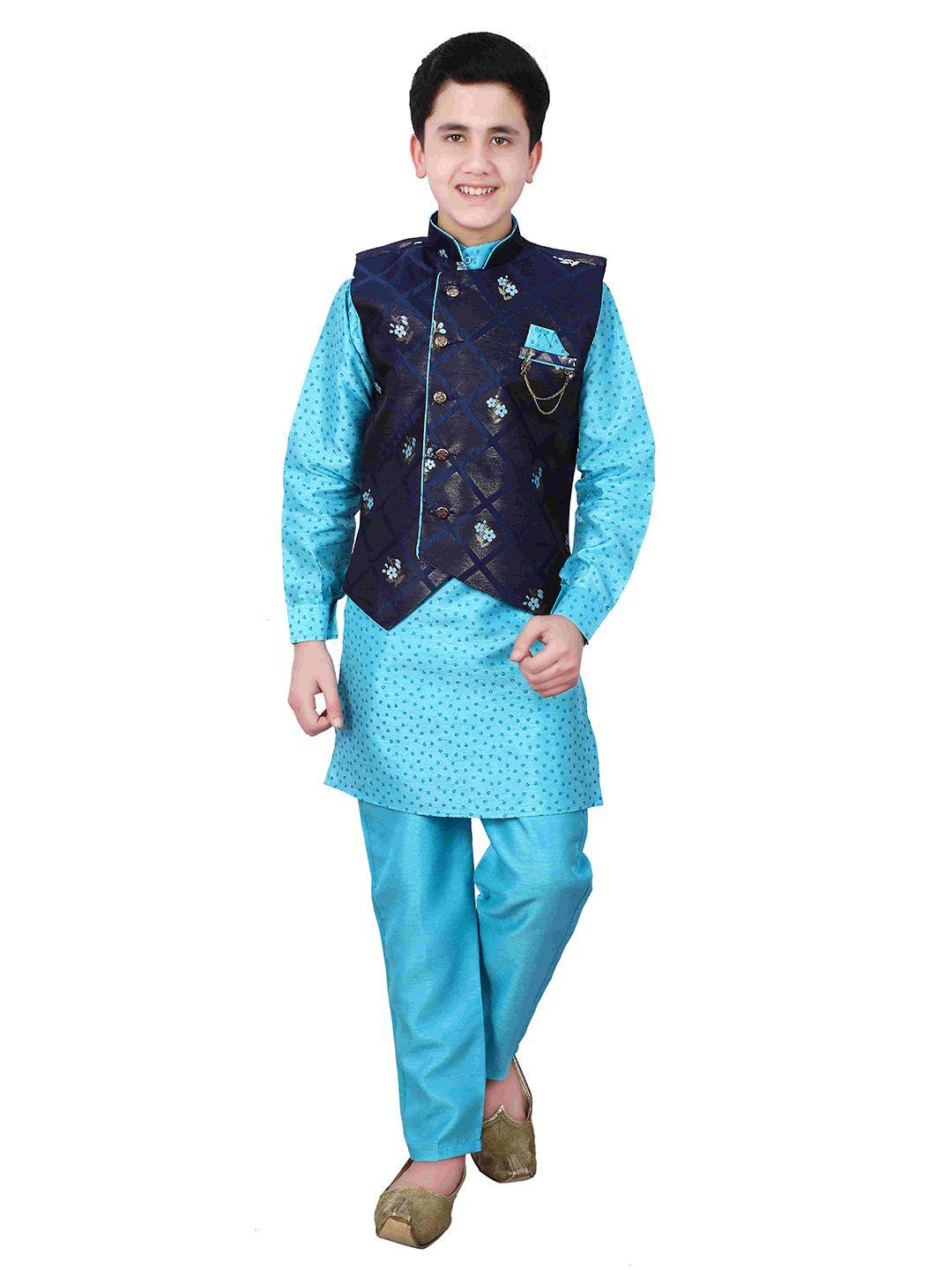 fourfolds boys blue printed regular kurta with trousers & jacket