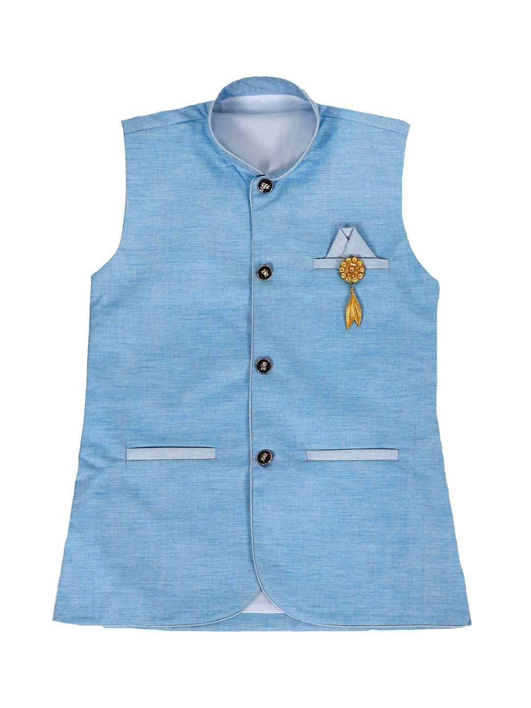 fourfolds boys blue woven design cotton blend nehru jacket