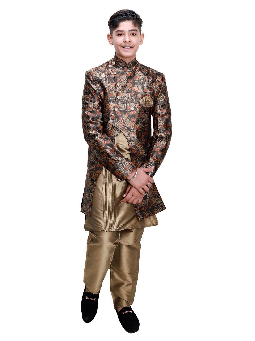 fourfolds boys brown & beige 3 piece jodhpuri bandhgala blazer kurta pyjama set