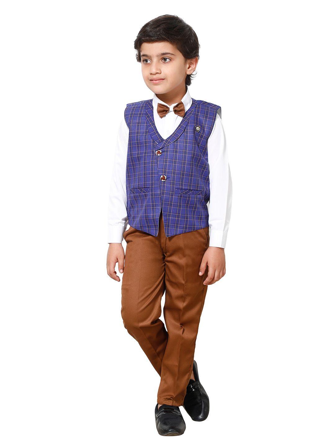 fourfolds boys brown & blue single-breasted 3 piece suit