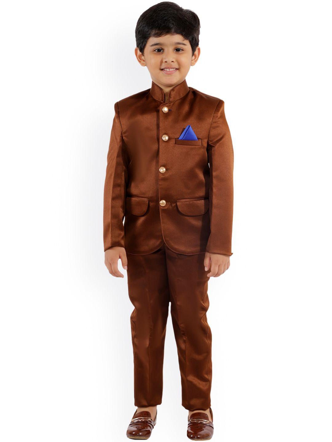 fourfolds boys brown solid bandhgala suit