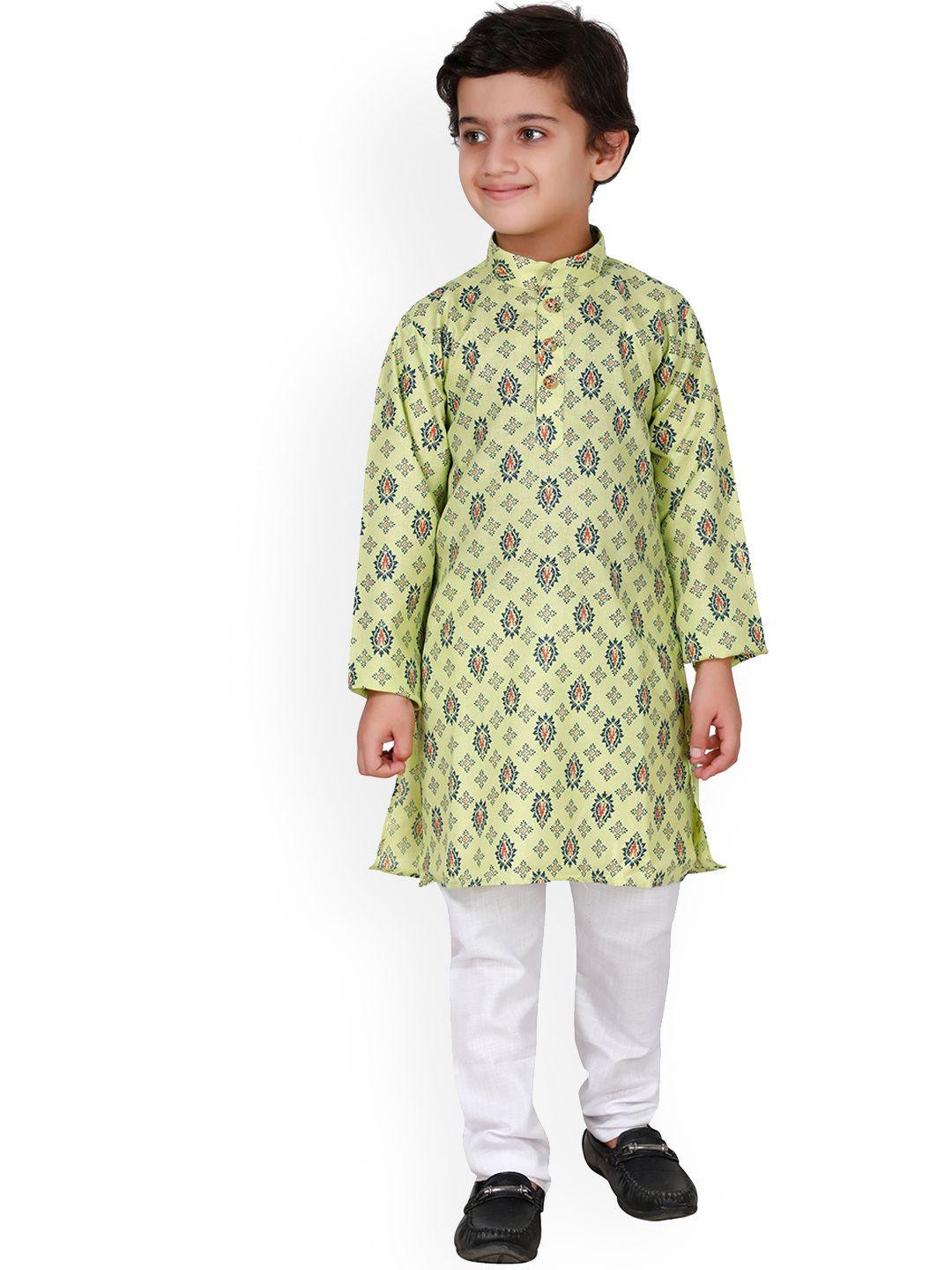 fourfolds boys green ethnic motifs printed kurta with pyjamas