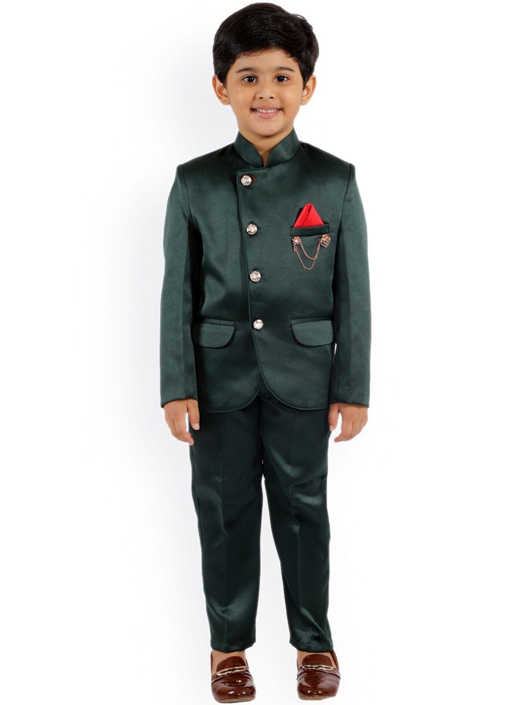 fourfolds boys green solid single-breasted two-piece bandhgala suit