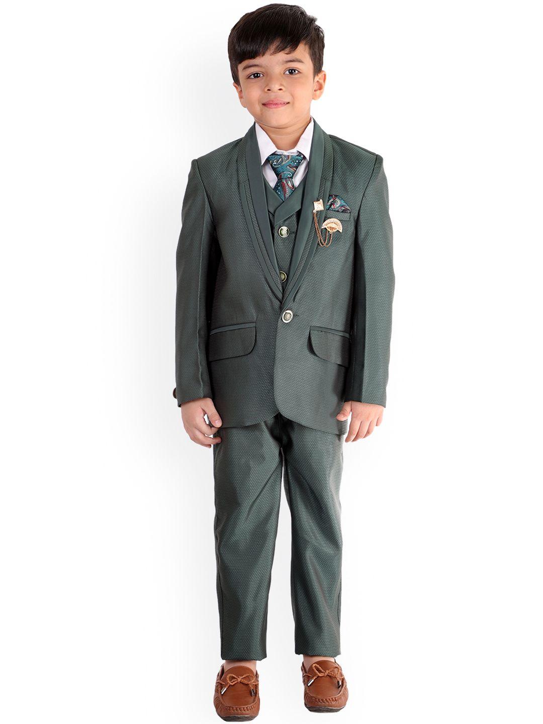 fourfolds boys green solid single breasted5-piece party suit