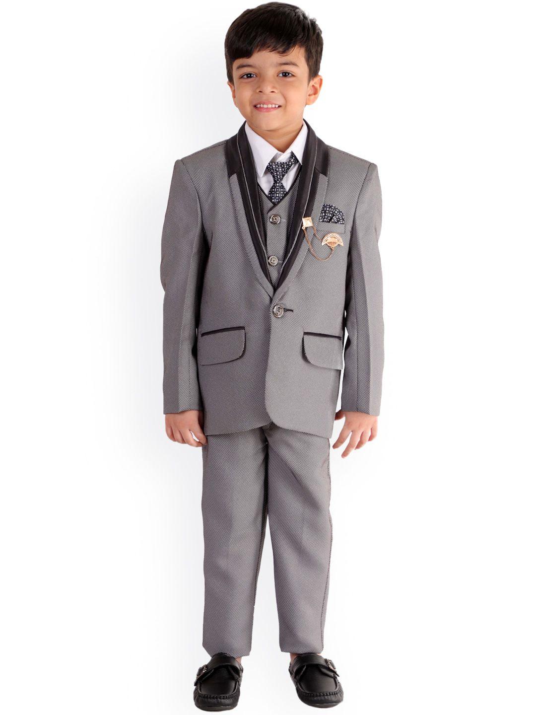 fourfolds boys grey self design 5-piece single breasted party suit