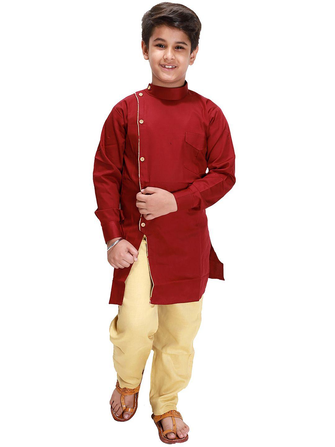 fourfolds boys maroon & cream-coloured solid regular kurta with pyjamas