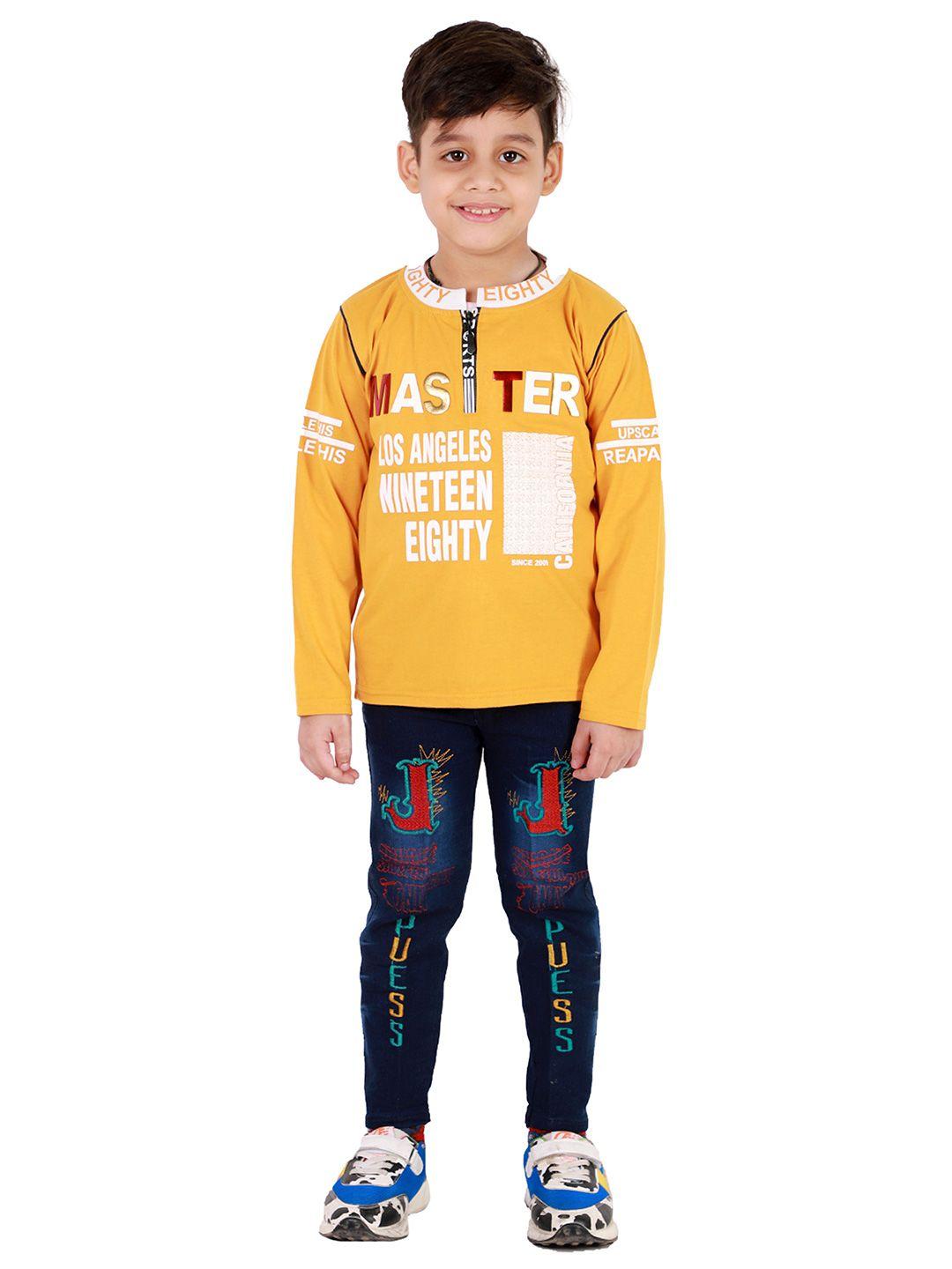fourfolds boys mustard & navy blue printed t-shirt with trousers
