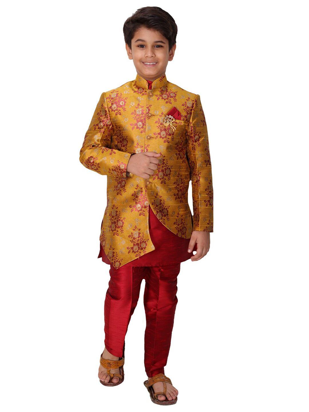 fourfolds boys mustard & red printed layered sherwani with trousers