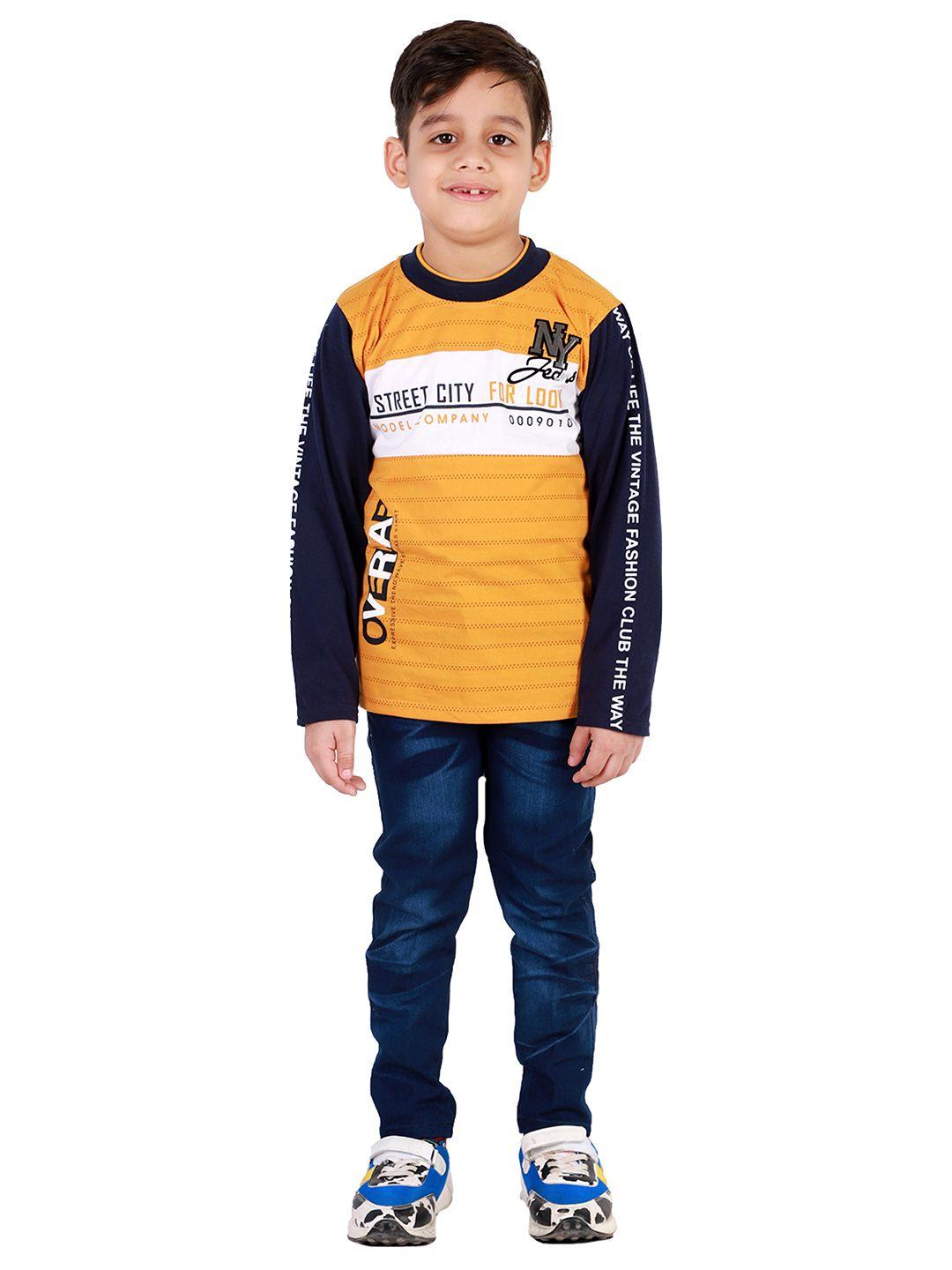 fourfolds boys mustard yellow & blue printed t-shirt with jeans