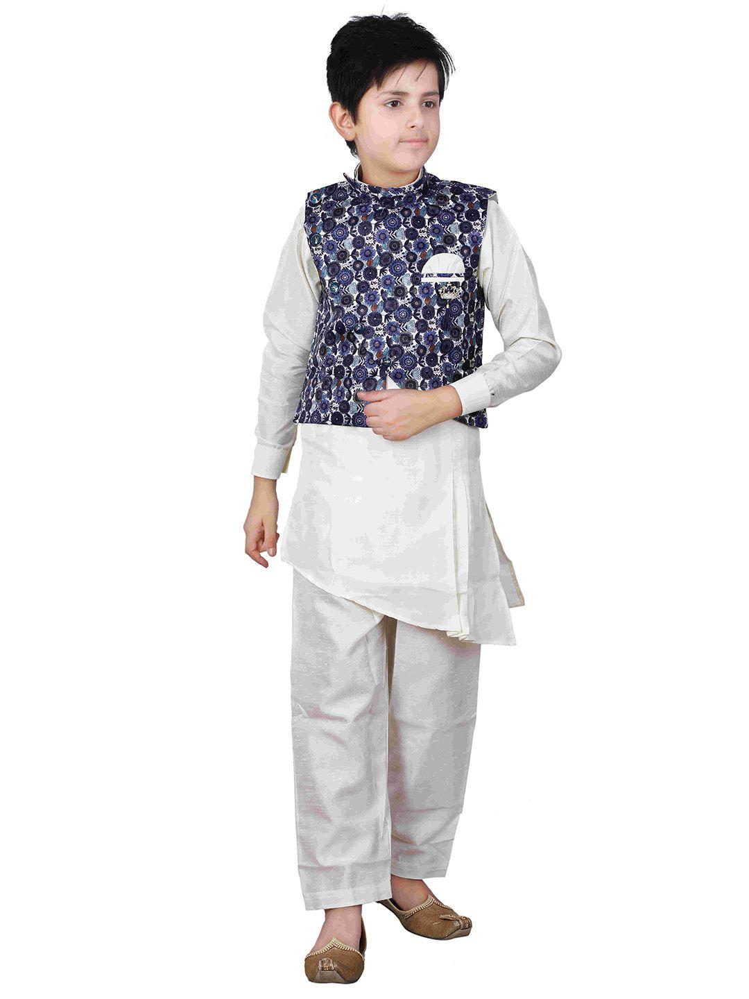 fourfolds boys navy blue & white kurta with pyjamas & waistcoat