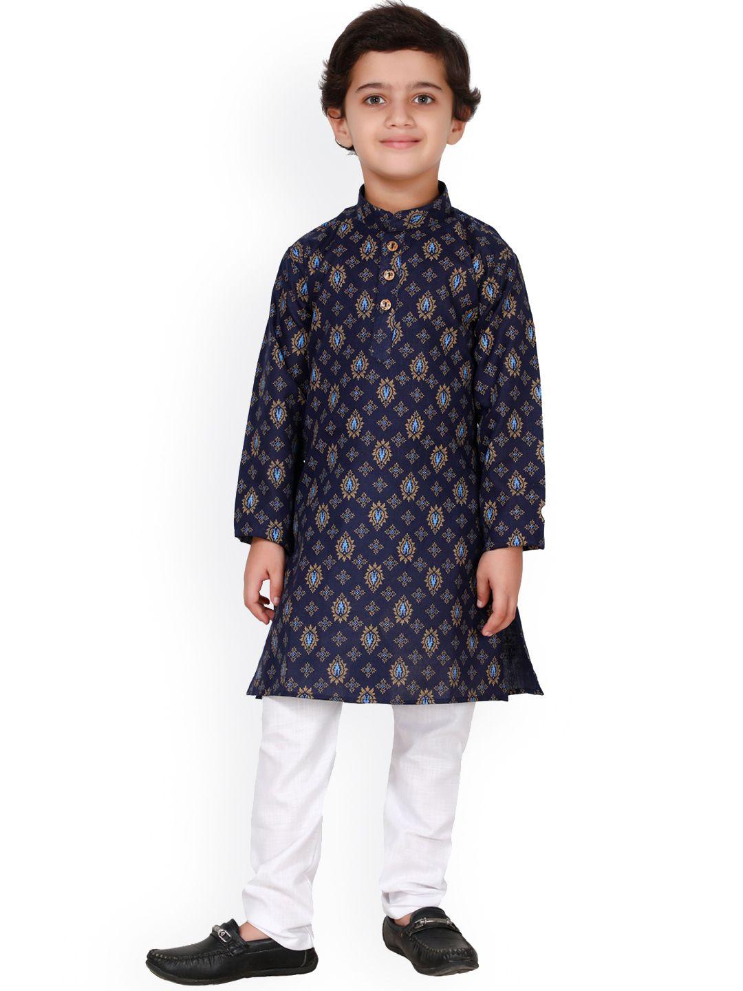 fourfolds boys navy blue ethnic motifs printed kurta with pyjamas